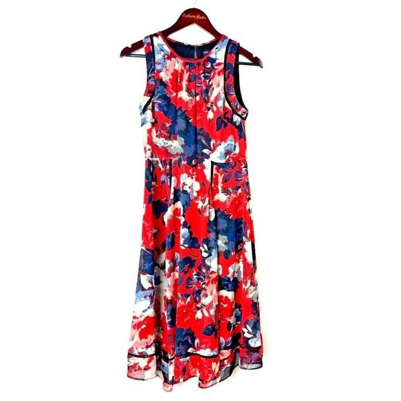 Just Taylor Women Sz 6 Red Navy Floral Dress Eyelet Stitching Sleeveless Midi E - Picture 1 of 13
